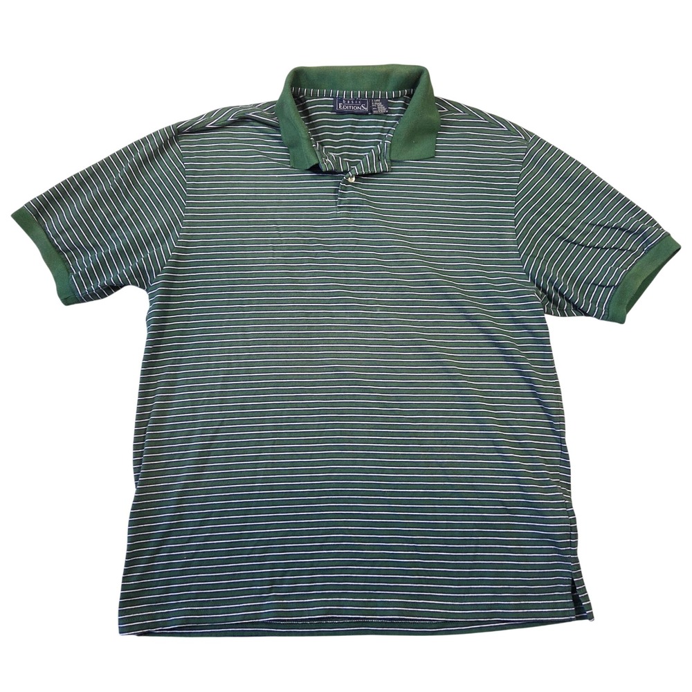Basic Editions Mens Large Green Striped Short Sleeve Polo Shirt Cotton Blend